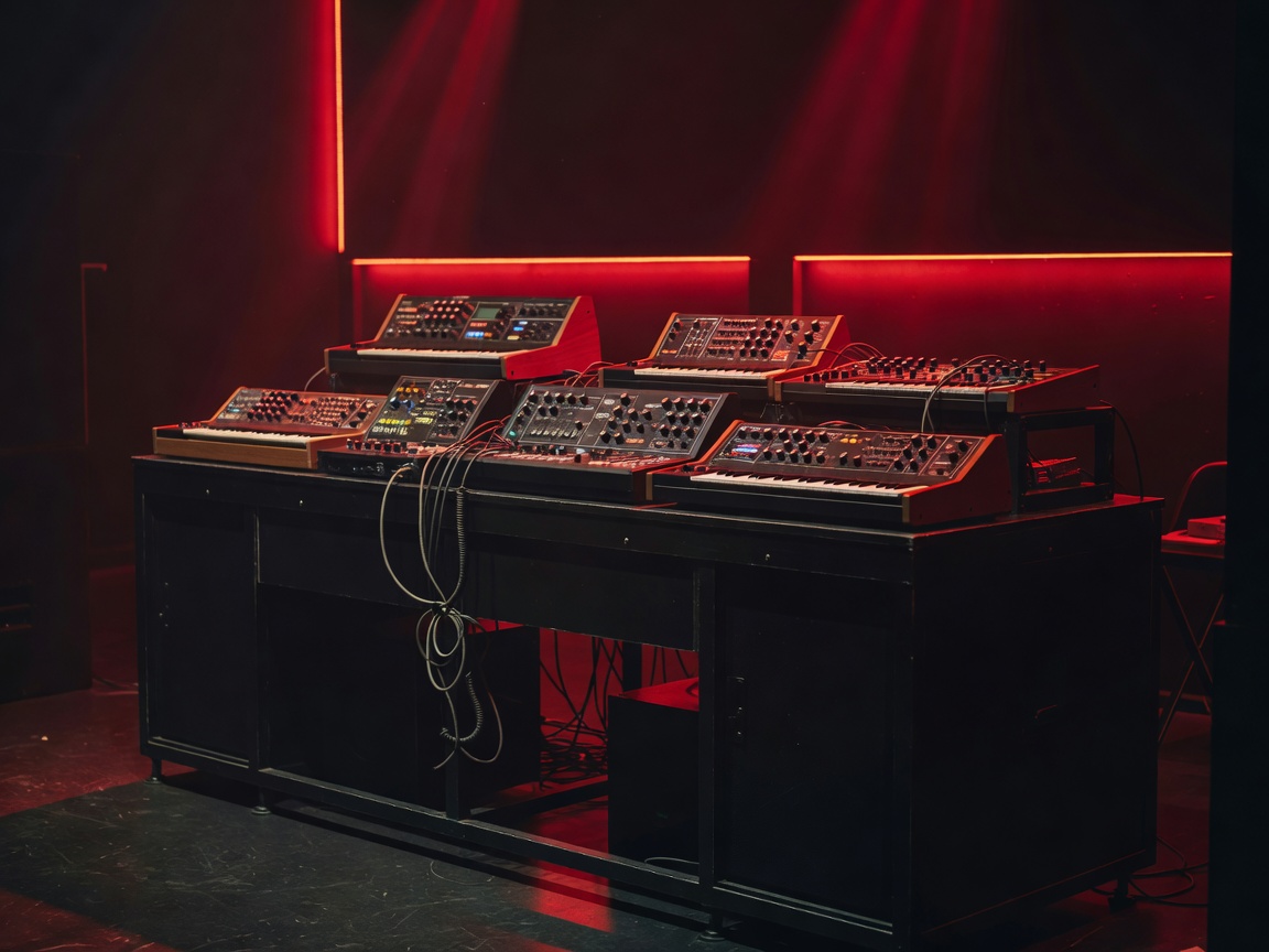DJ booth with analog synthesizers and red backlight