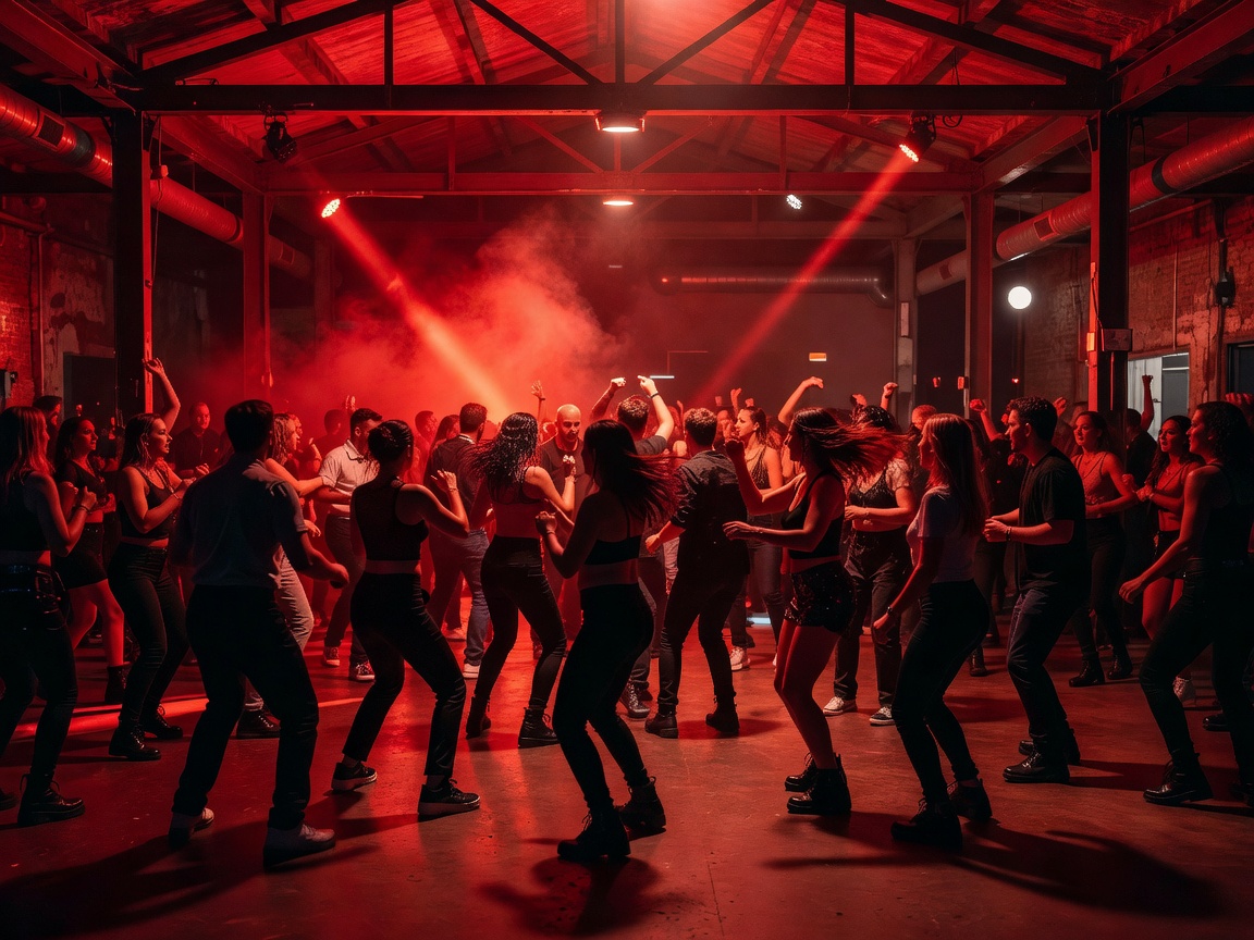 RADION Amsterdam warehouse dancefloor with red ambient lighting